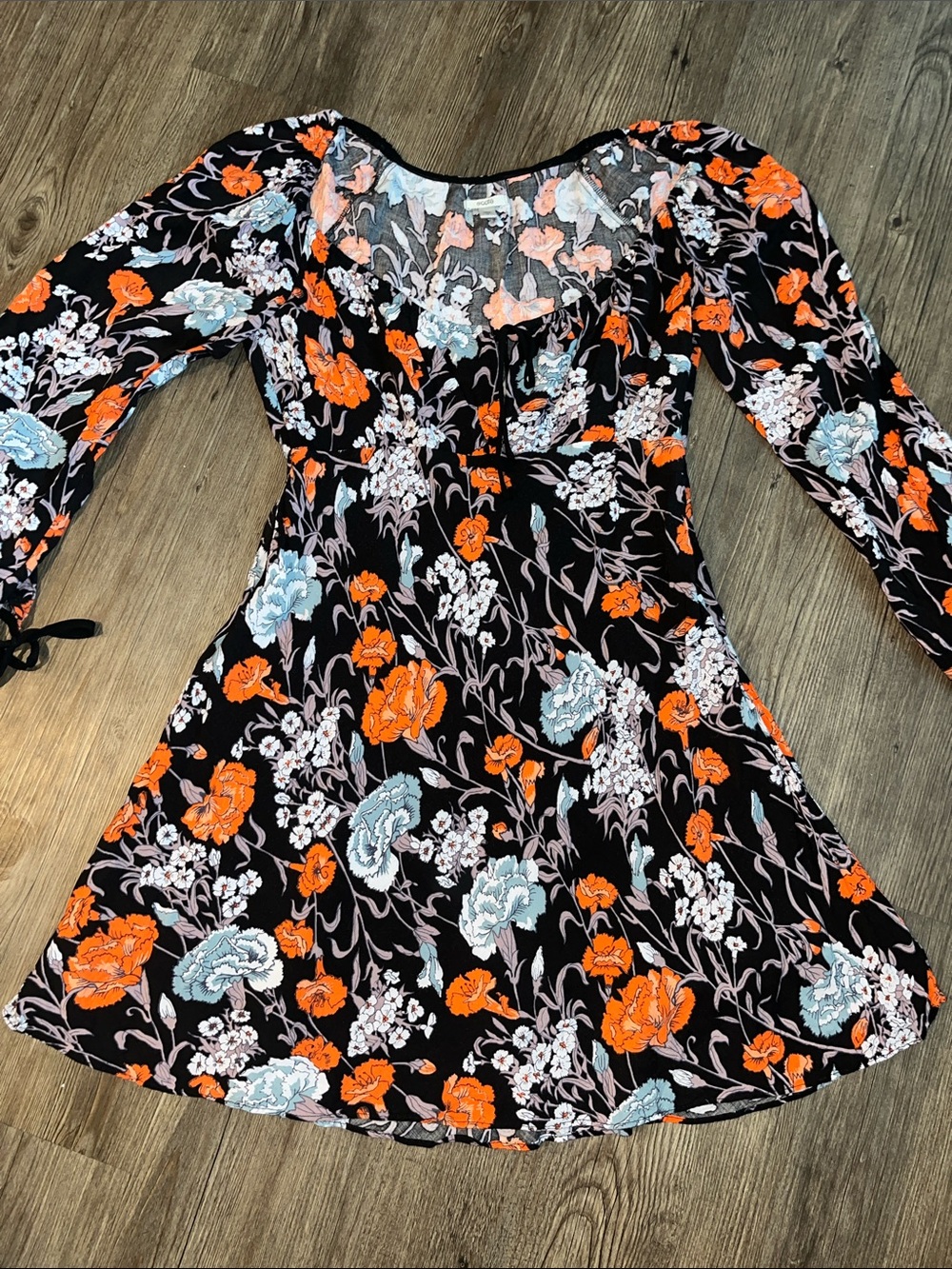 ECOTE Black Floral Fit-and-Flare Dress with Orange & Light Blue Blooms